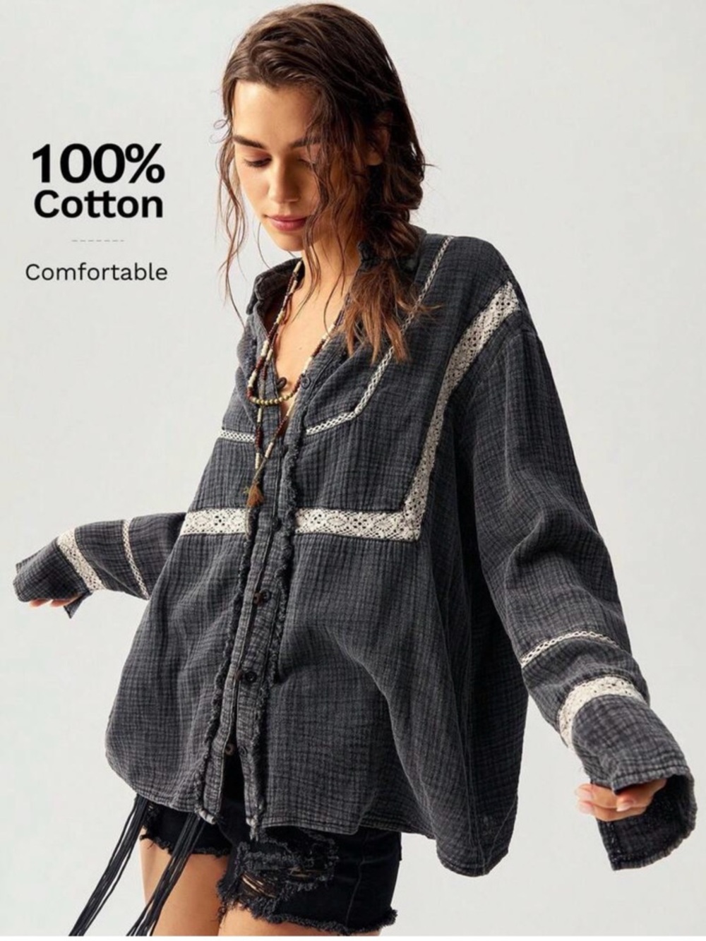 Woven Lace-Trim Button-Front Jacket Top — Black - Picture 2 of 12